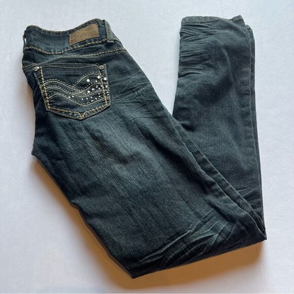 Rue 21 Premiere Women's Black Denim Jeans Distressed Faded  Size 3/4 - Picture 1 of 8